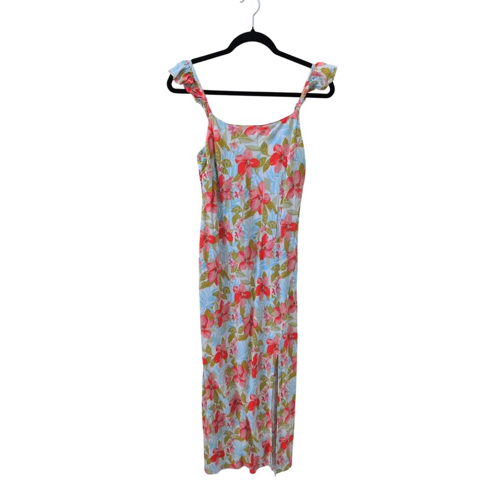 Roxy Floral Maxi Dress Large 12 Blue Coral Tropical Ruffle Strap Boho - Picture 2 of 5